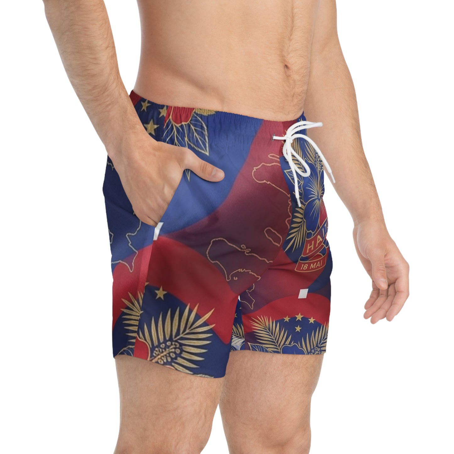 Haiti Flag Swim Trunks — All-Over Print Patriotic Beach Shorts