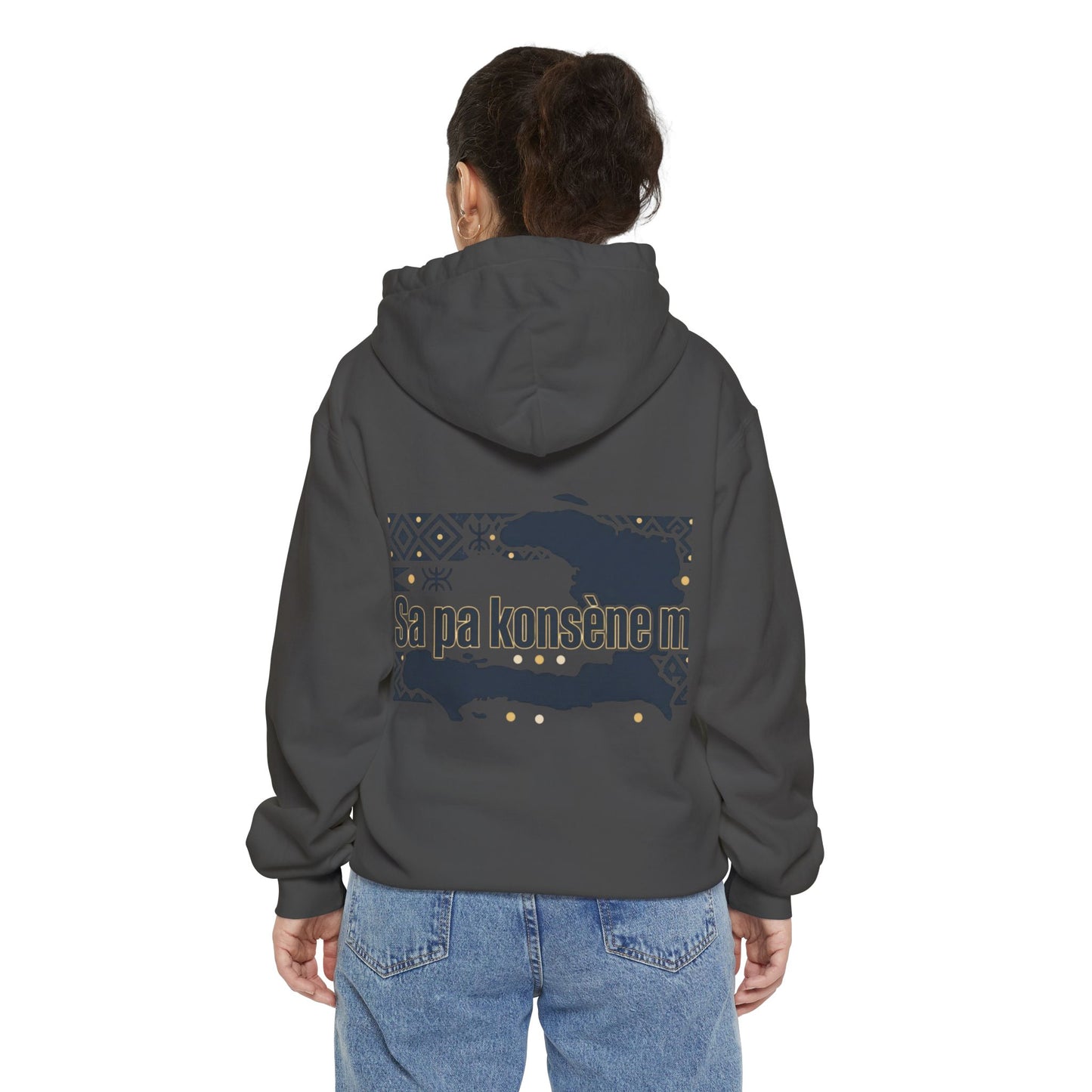 Haitian Phrase Hoodie — "Poze w dousman" with Map & "Sa pa konsène m" Graphic
