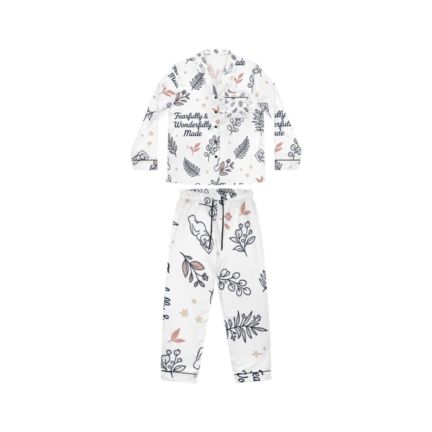 Satin Pajama Set — Floral Leaves Print with "Perfectly & Wonderfully Made"