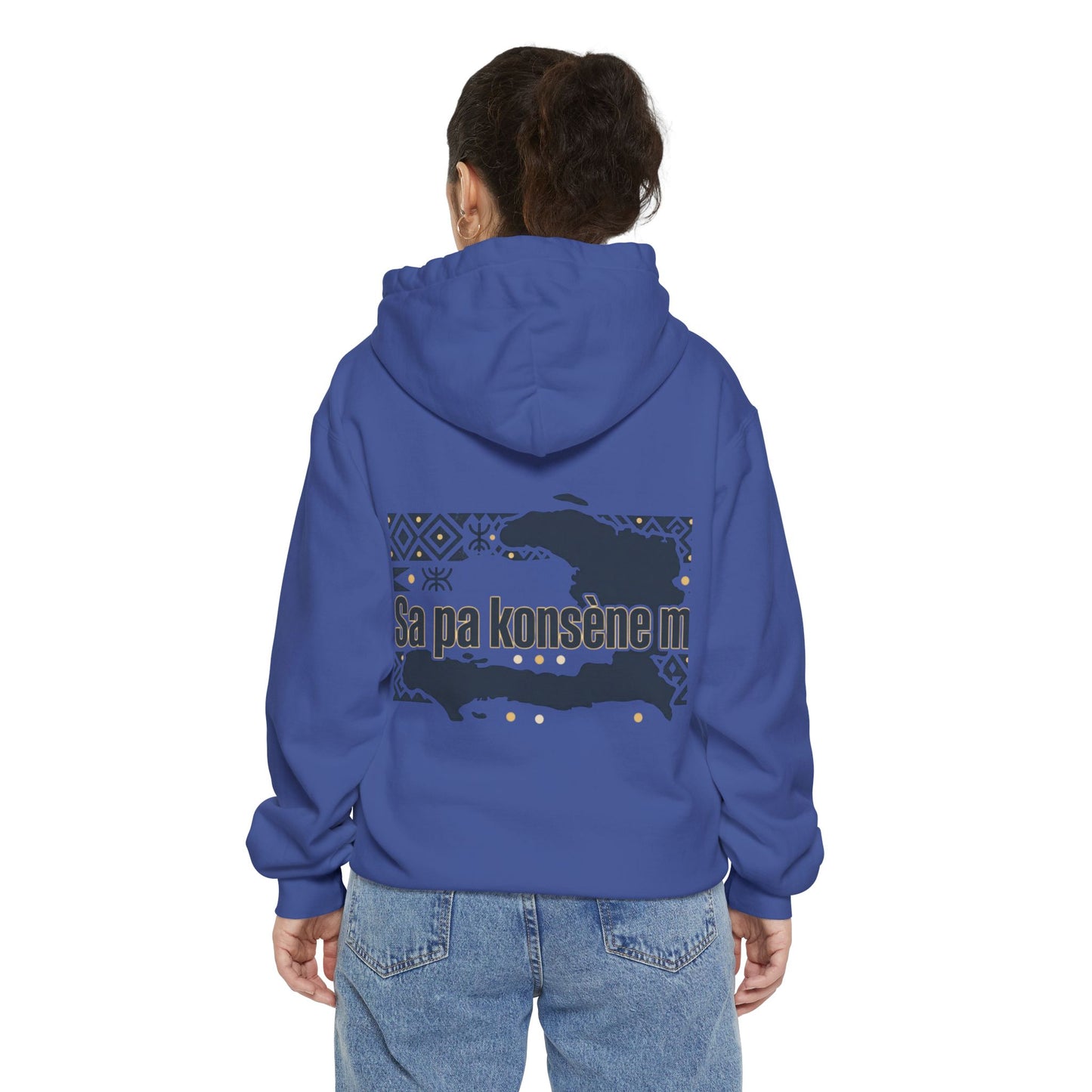Haitian Phrase Hoodie — "Poze w dousman" with Map & "Sa pa konsène m" Graphic