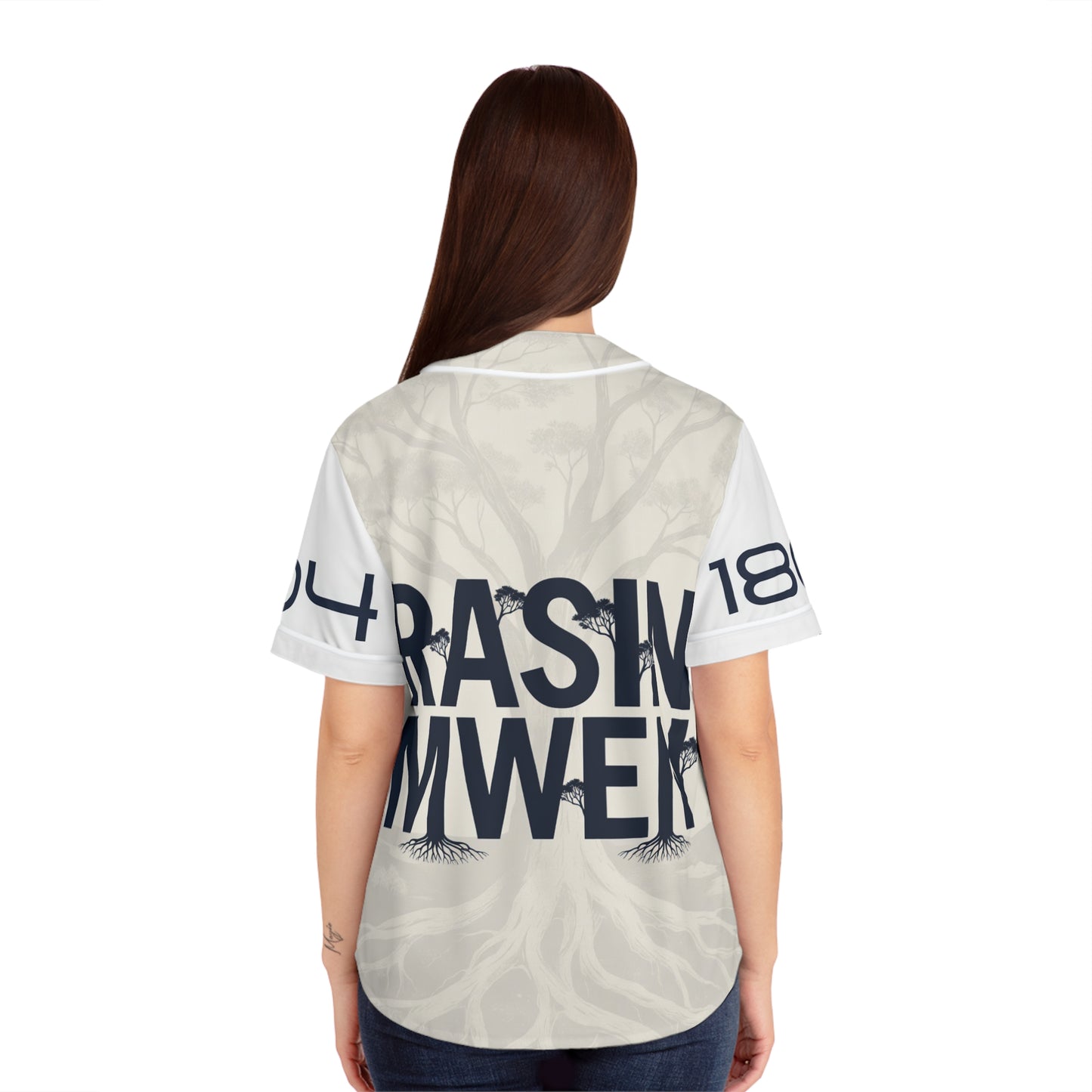 Women's Baseball Jersey — Rustic Tree Graphic "RASN MWEN" Streetwear