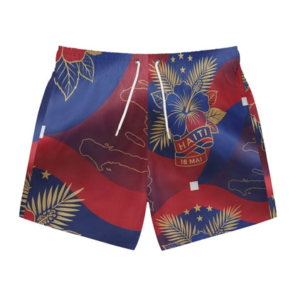 Haiti Flag Swim Trunks — All-Over Print Patriotic Beach Shorts
