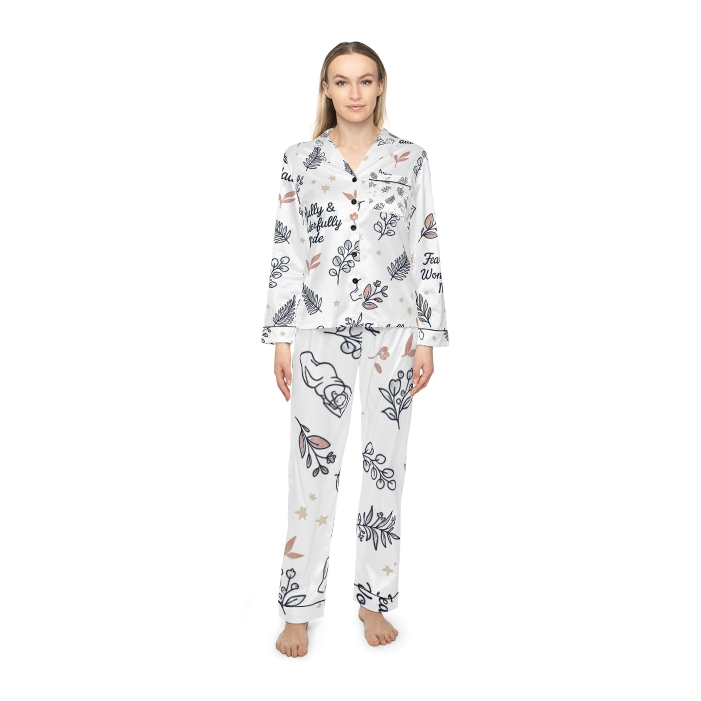 Satin Pajama Set — Floral Leaves Print with "Perfectly & Wonderfully Made"
