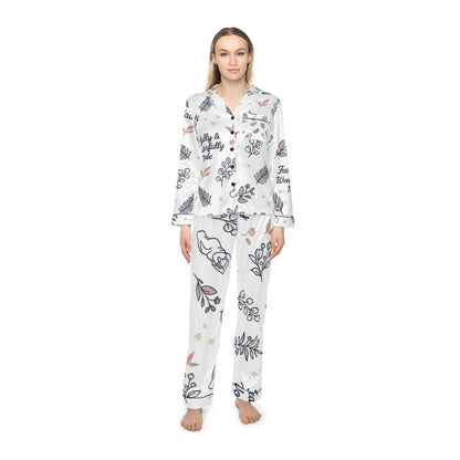 Satin Pajama Set — Floral Leaves Print with "Perfectly & Wonderfully Made"