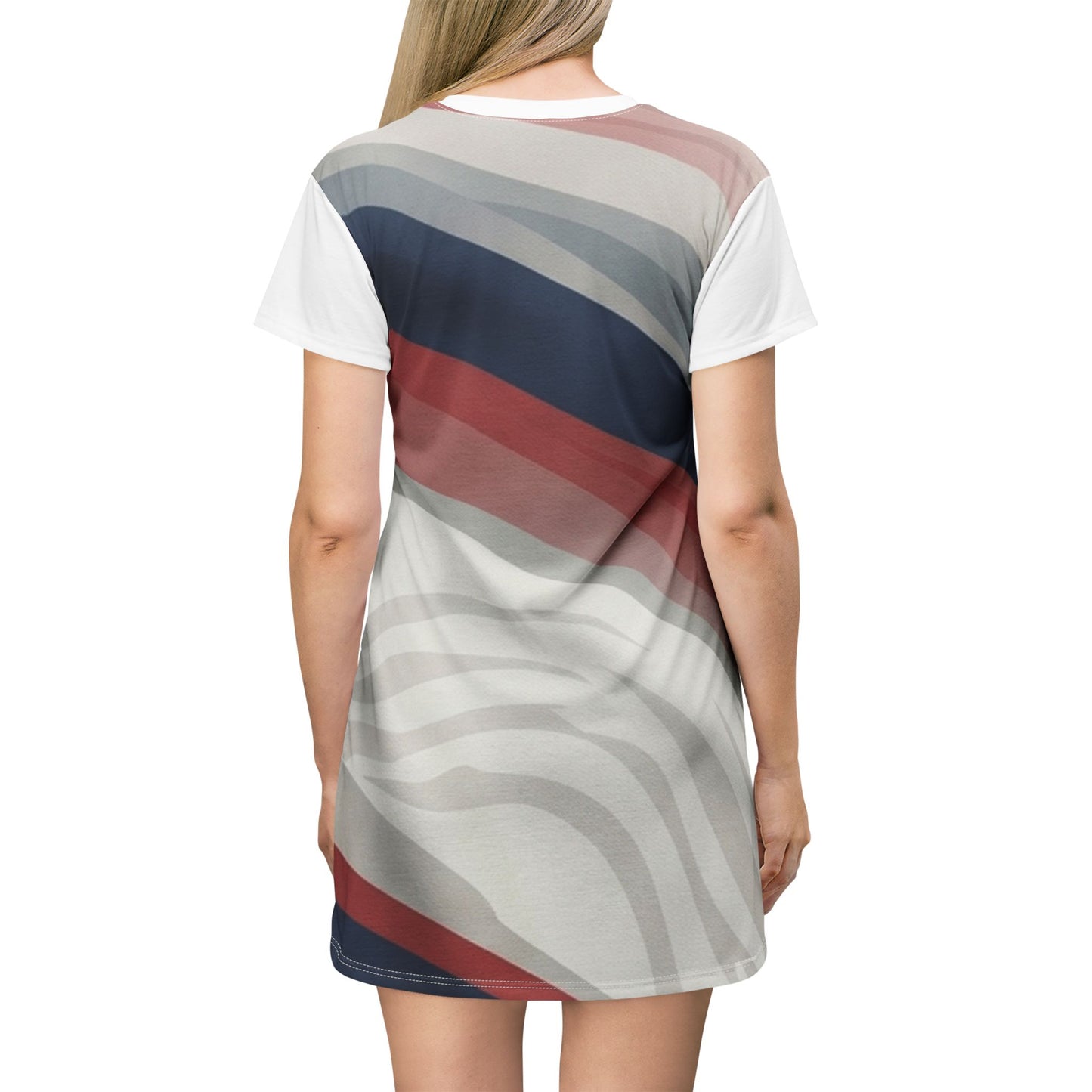 Women’s A-Line T-Shirt Dress — Abstract Red, Navy & Gray Striped Print