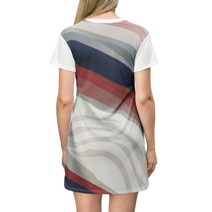 Women’s A-Line T-Shirt Dress — Abstract Red, Navy & Gray Striped Print