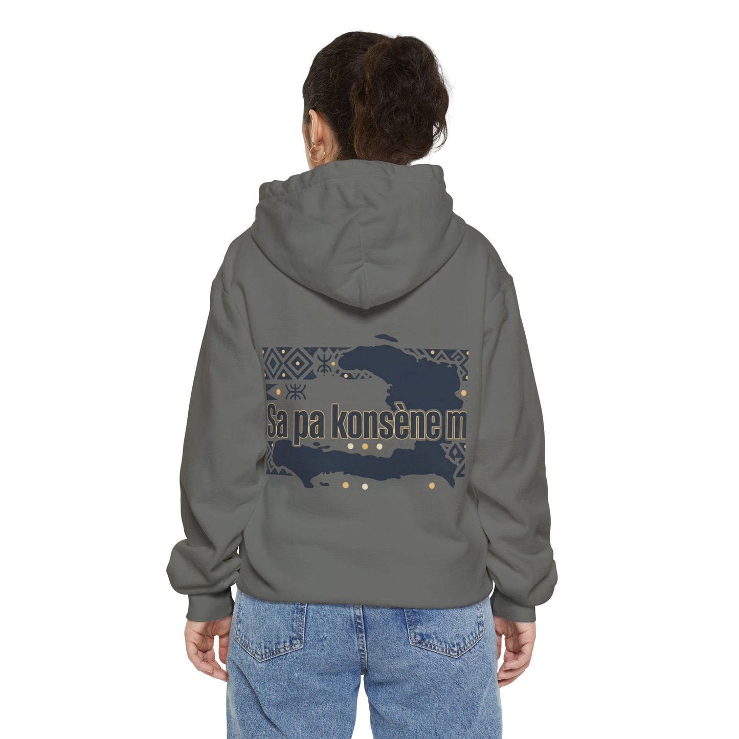 Haitian Phrase Hoodie — "Poze w dousman" with Map & "Sa pa konsène m" Graphic