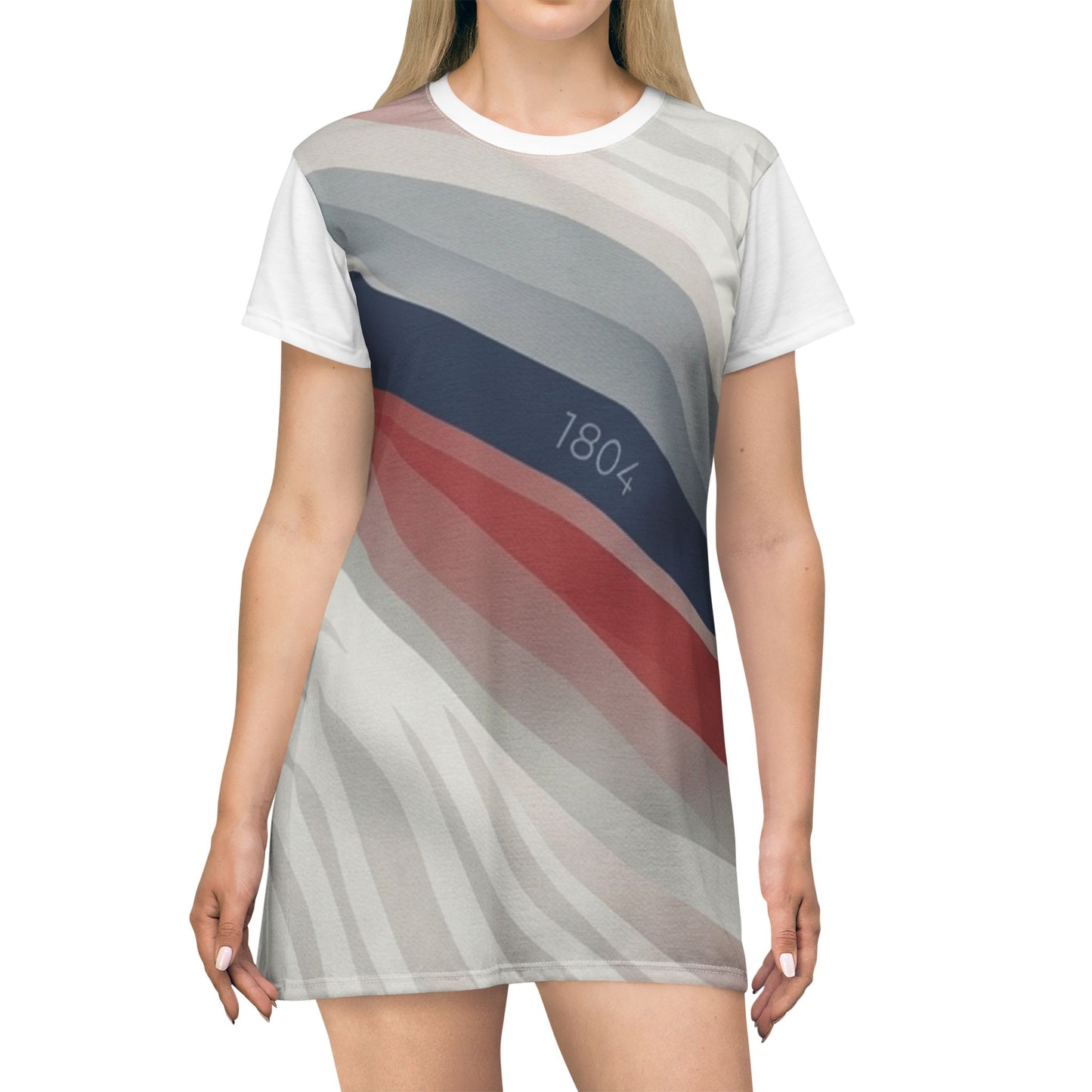 Women’s A-Line T-Shirt Dress — Abstract Red, Navy & Gray Striped Print