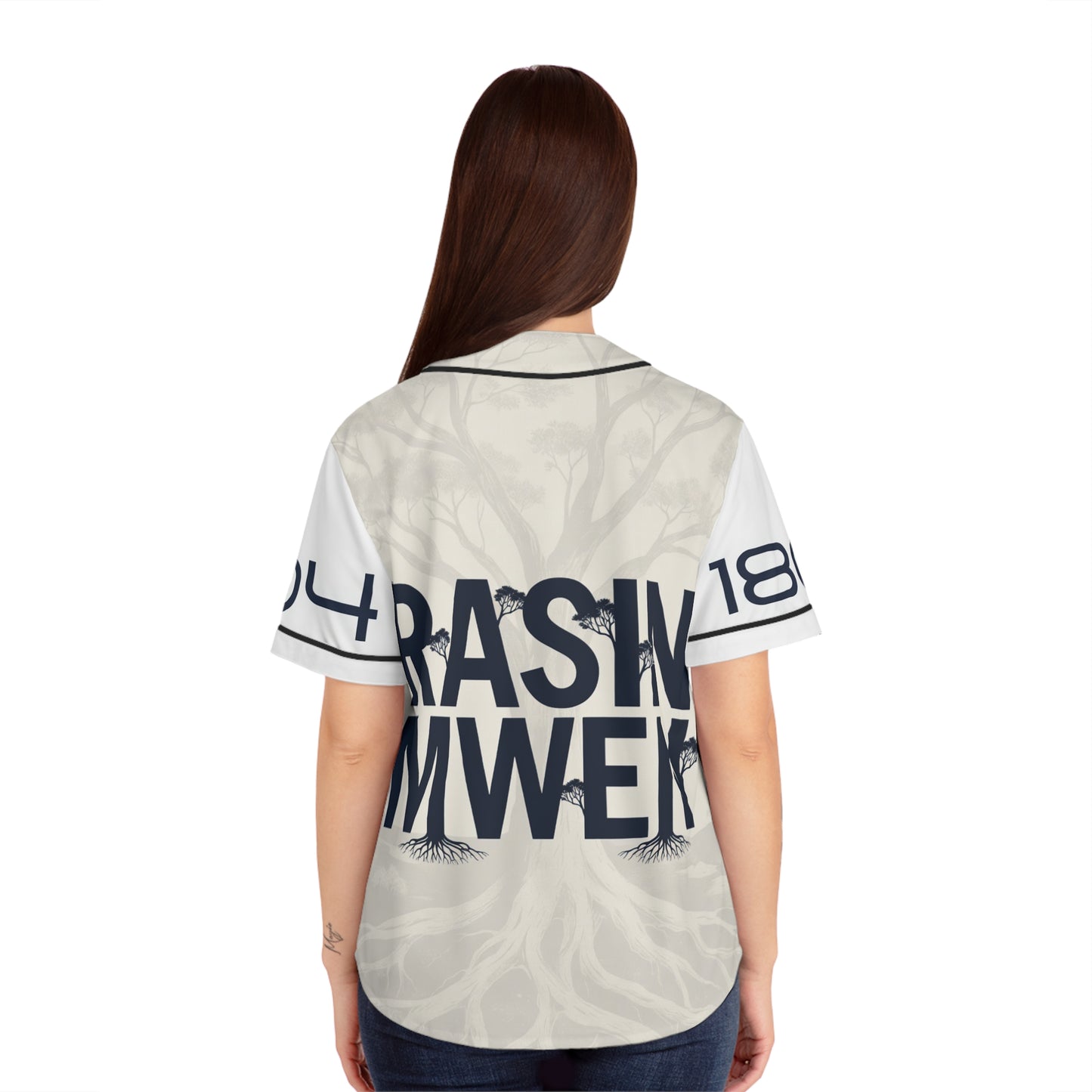 Women's Baseball Jersey — Rustic Tree Graphic "RASN MWEN" Streetwear