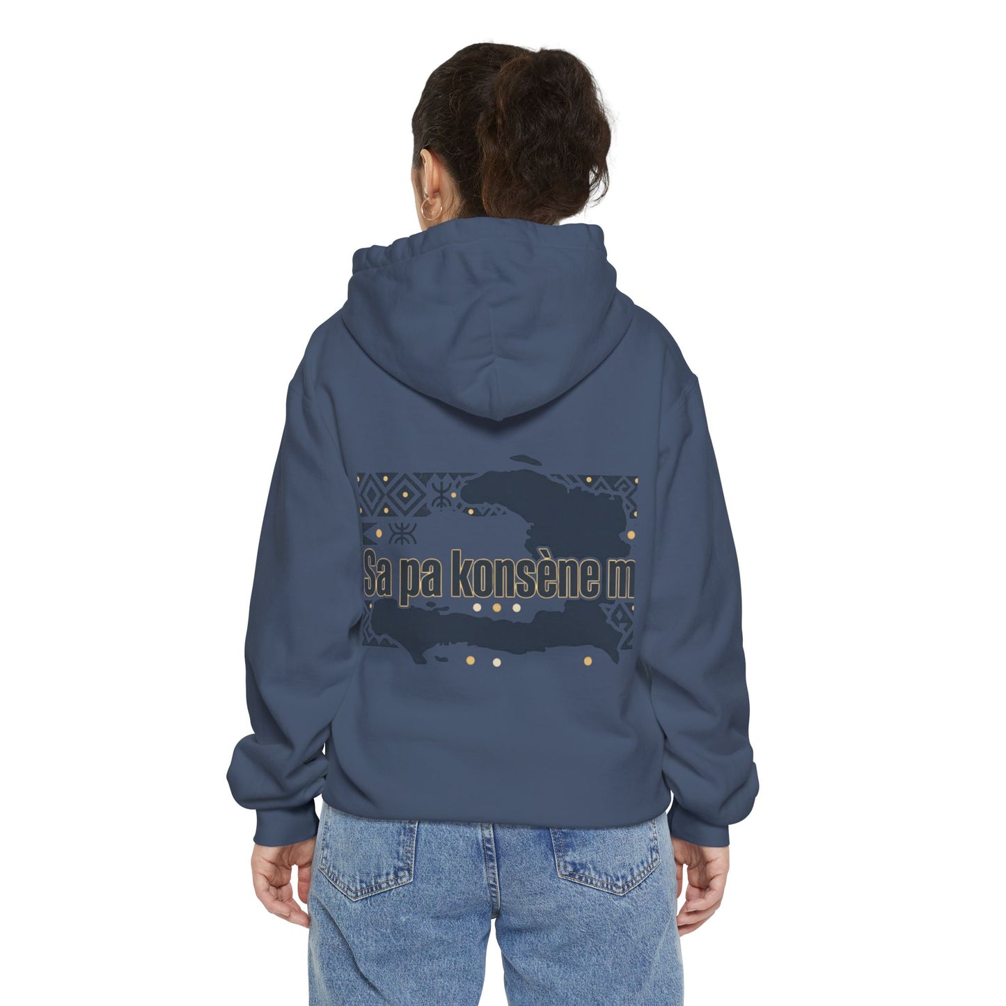 Haitian Phrase Hoodie — "Poze w dousman" with Map & "Sa pa konsène m" Graphic