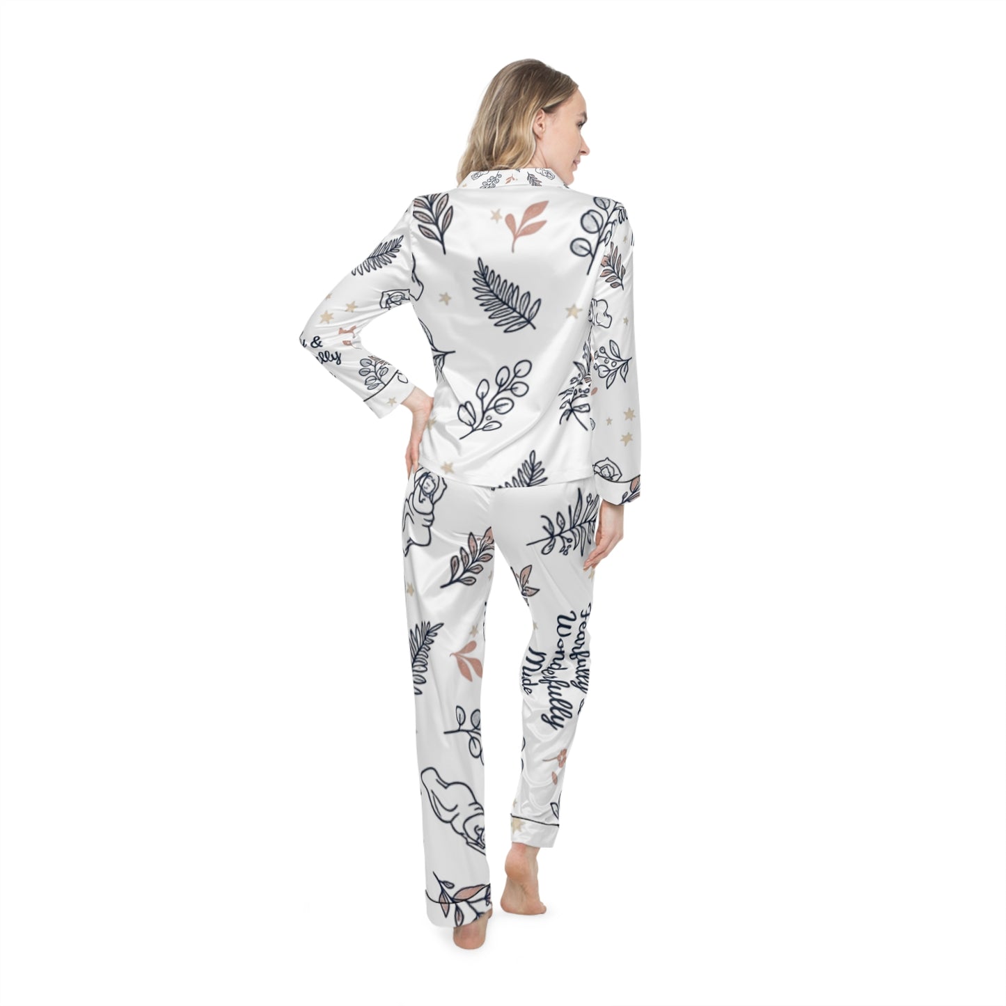 Satin Pajama Set — Floral Leaves Print with "Perfectly & Wonderfully Made"