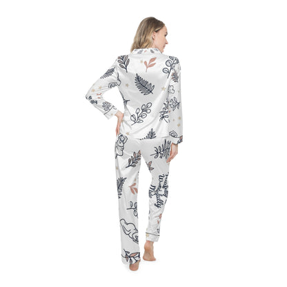 Satin Pajama Set — Floral Leaves Print with "Perfectly & Wonderfully Made"