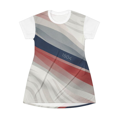 Women’s A-Line T-Shirt Dress — Abstract Red, Navy & Gray Striped Print