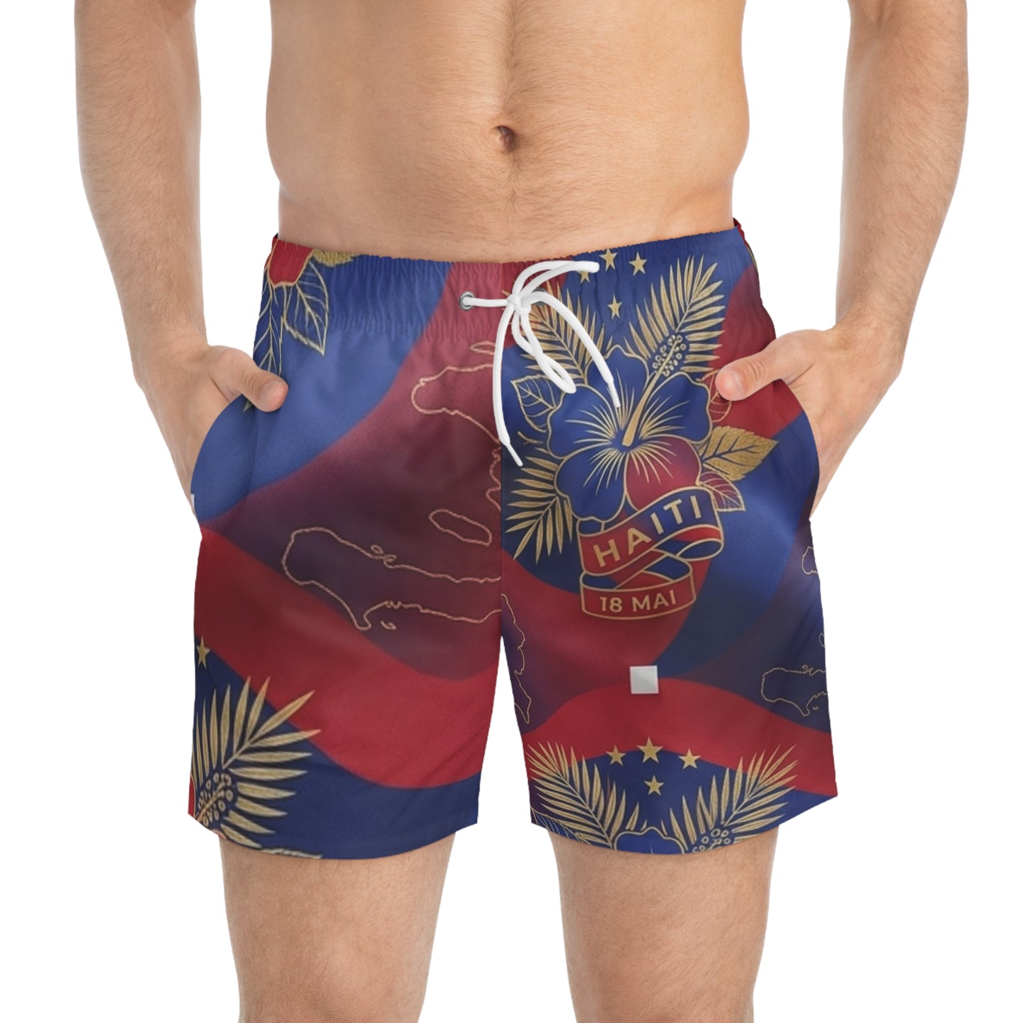 Haiti Flag Swim Trunks — All-Over Print Patriotic Beach Shorts